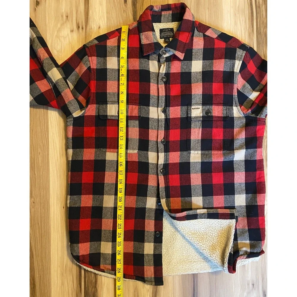 J.Crew Mens Buffalo Plaid Sherpa Lined Flannel Shirt Jacket Red Black Medium